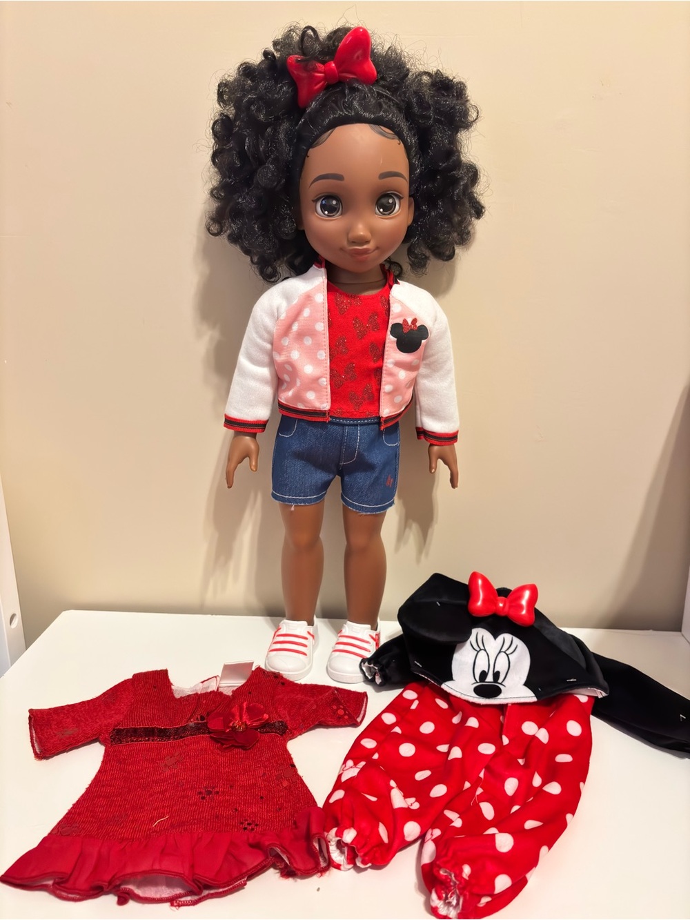 Disney ILY 4EVER Brown Curly-Hair Doll in Red, Pink & Denim Outfit.